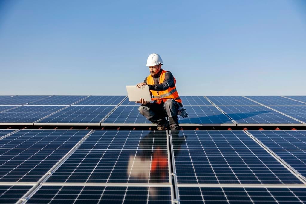 Ein Arbeiter auf dem Dach mit Laptop, der durch Sonnenenergie aufgeladen wird.